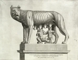 A Romulust és Remust szoptató etruszk bronz nőstényfarkas rajza, Kr. e. 5. század, a Capitoliumi Múzeumokban, 1552